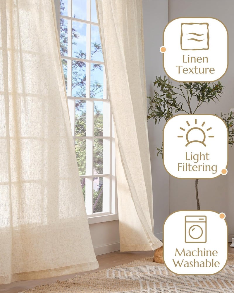 jinchan Linen Blend Light Filtering Curtains 38W x 96L Inch Beige for Living Room Farmhouse Boho Curtains Attached Valances Hooks Drapes 2-Panel Set - Image 4